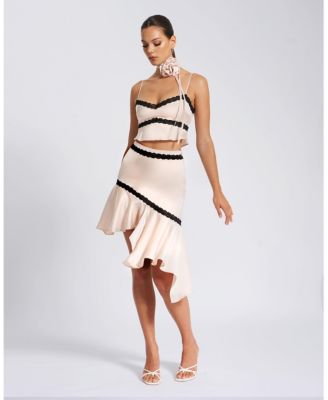 Women's Yahvi Beige Lace Trim Satin Skirt