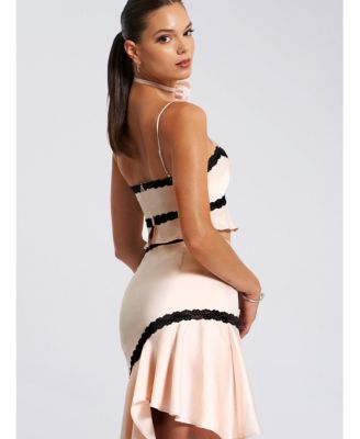 Women's Yareli Beige Lace Trim Satin Strappy Top