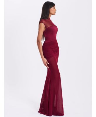 Women's Fabienne Burgundy Mesh Cap Sleeve Mermaid Gown