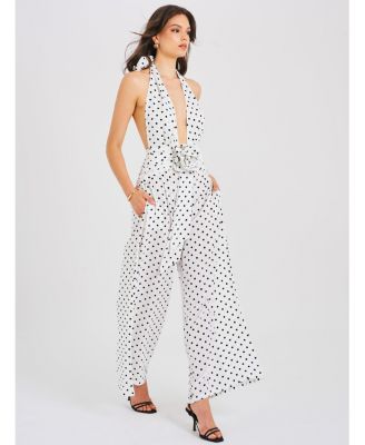 Women's Oriana White Polka Dots Halter Jumpsuit