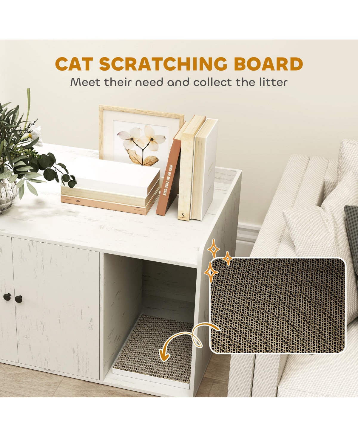 PawHut Cat Litter Box Enclosure, Litter Box Furniture w/ Scratching Mat