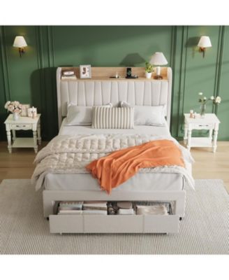  Upholstered Platform Bed Frame with Storage Drawers and Charging Station Headboard, No Box Spring Needed, Easy Assembly