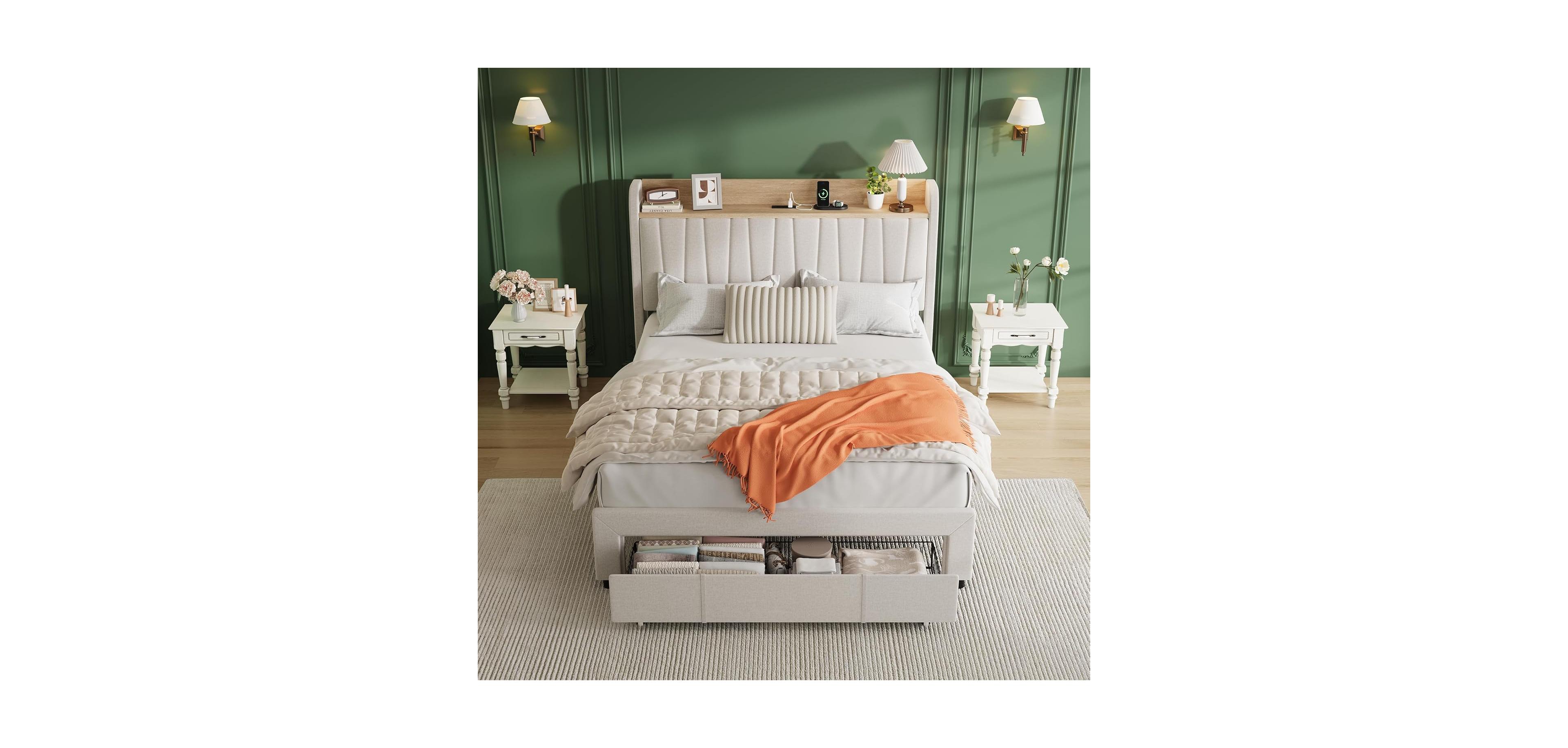 gaomon Upholstered Platform Bed Frame with Storage Drawers and Charging Station Headboard, No Box Spring Needed, Easy Assembly