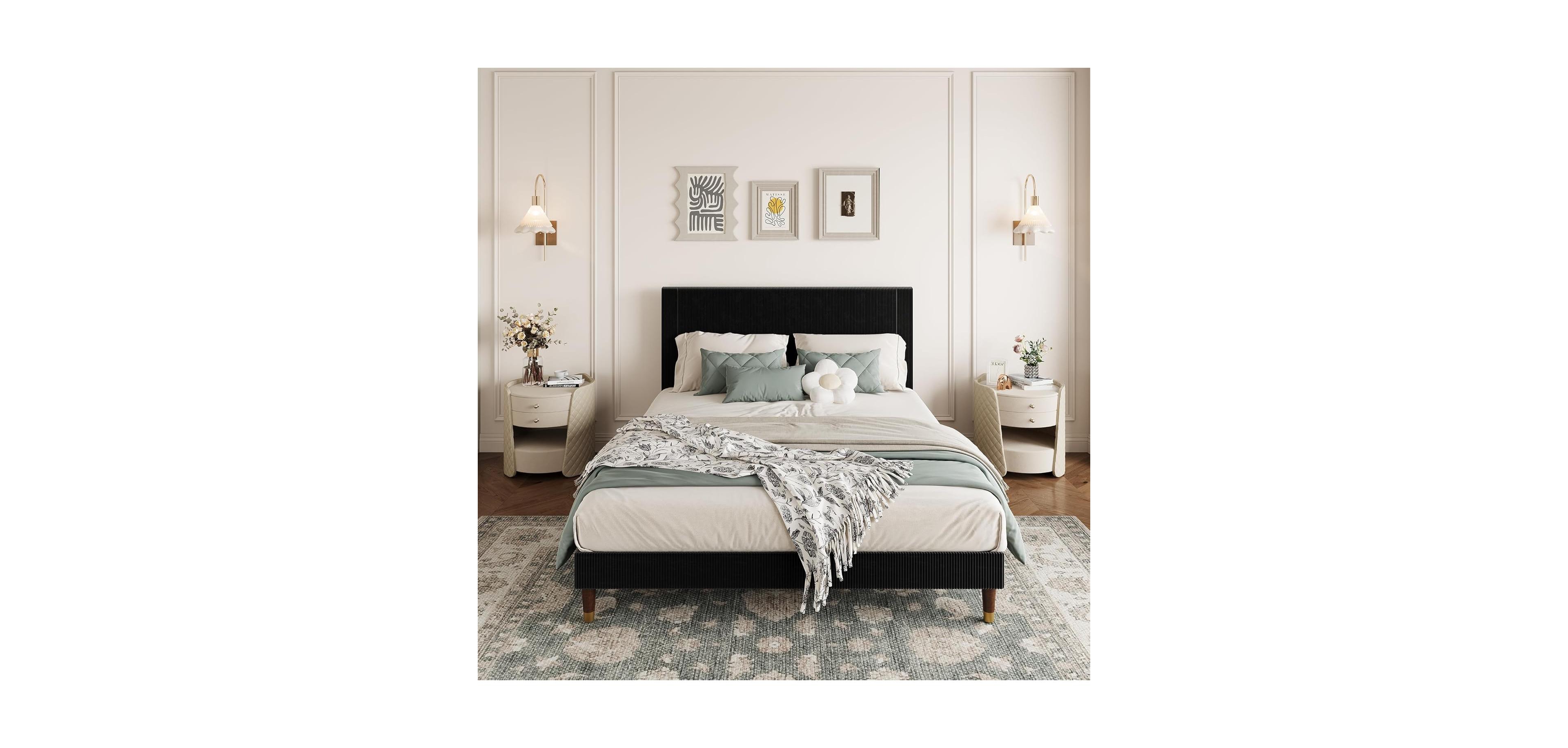 gaomon Bed Frame with Headboard, Corduroy Upholstered Platform Bed with Wooden Slats Support - No Box Spring Needed & Noise Free