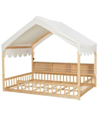 Wooden House Daybed with Fence, Storage, Curtain & LED