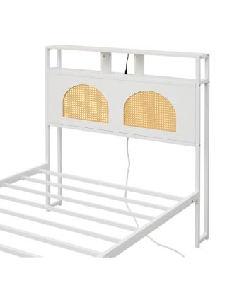 Twin Bed Frame with Headboard, LED & Charging Station, Rattan Headboard