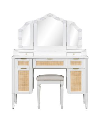Makeup Vanity Desk with 13 Hollywood Bulbs, 3 Lighting Modes, Tri-Fold Mirror, 5 Drawers