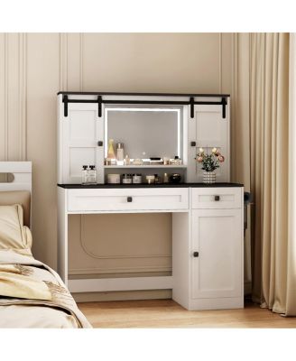 Farmhouse Dressing Table with Lighted Mirror and Drawer