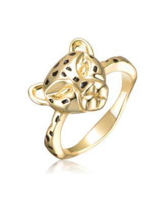 Black Enamel Leopard Face Statement Ring in 14K Gold Plated