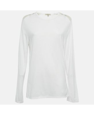 Women's White Checks Shoulder Jersey Long Sleeve T-Shirt