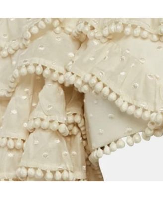 Women's Off White Cotton Blend Ruffled Off Shoulder Crop Top