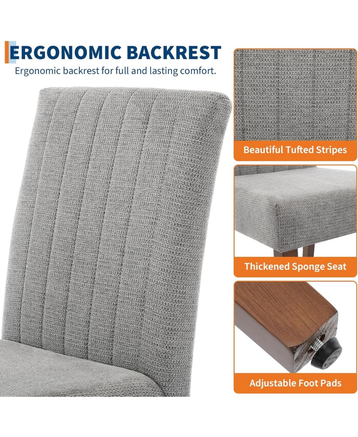 gaomon Dining Chair Set of Linen Upholstered Stripes Tufted Kitchen with High Backrest, Fabric Room Chairs Adjustable Foot Cap