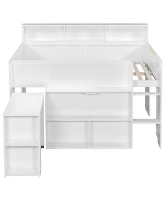  Wood Full Size Loft bed with Multiple Storage Shelves, Desk and LED
