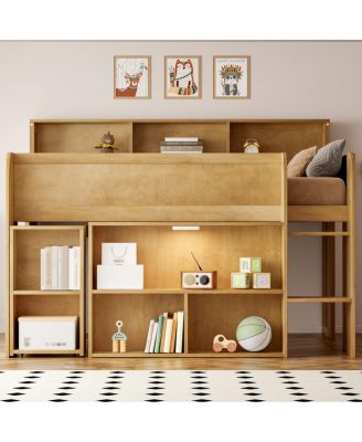  Wood Full Size Loft bed with Multiple Storage Shelves, Desk and LED