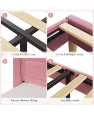 Twin Bed Frame for Kids,Upholstered Velvet Platform Bed with Wingback Headboard,LED Light and Storage Bookcase Headboard