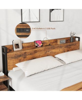 King Size Bed Frame Charging Station with 2 USB Ports & 2 AC Outlets, Heavy Duty Metal Bed Frame with Wooden Headboard and Footboard