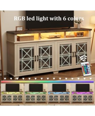 Farmhouse TV Stand for 81 Inch, Mid Century Modern Entertainment Center with LED Lights and Storage, Wooden Media Console Cabinet