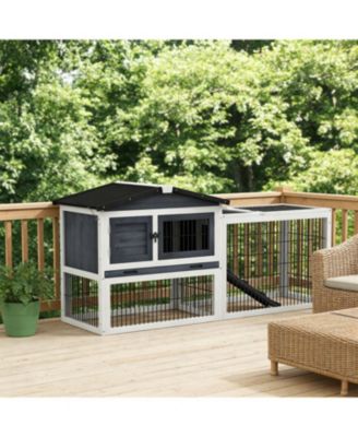 Secure Outdoor Cat Hutch - Ventilated Wooden Shelter with Wheels，Dark Grey