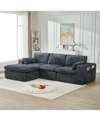  Luxury Ribbed Chenille Upholstered Modular Sectional Sofa with Ottoman-Gray