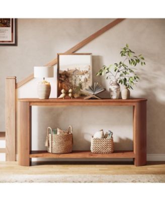 63" Solid Wood Console Table, Farmhouse 2-Tier Narrow Long Sofa Entryway Table, Easy Assembly