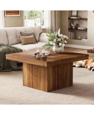 Solid Wood Coffee Table for Living Room, 35.43" Mid Century Modern Square Center Cocktail Table, Farmhouse Accent Tea Cocktail