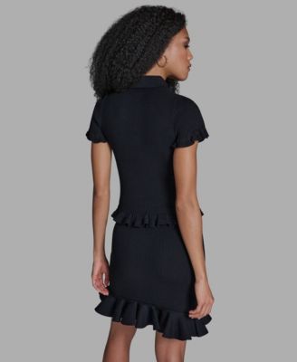 Women's Ruffle Hem Short-Sleeve Polo Sweater