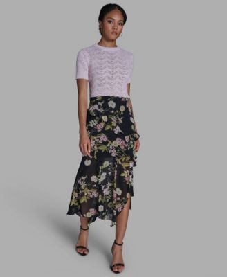 Women's Side Zipper Printed Ruffle Maxi Skirt