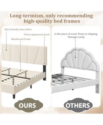 Linen Upholstered Platform Bed Frame with Adjustable Headboard, Strong Wooden Slats