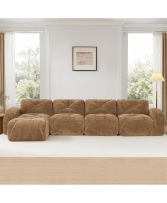 L-shaped Velvet Tufted Sofa with Movable Ottoman, Camel