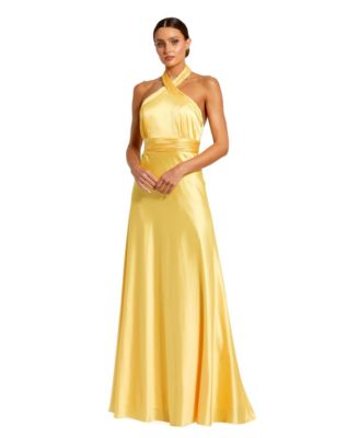 omen's Ruched Halter Neck Tie Back Satin Gown