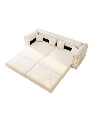 Elegant 3-in-1 Convertible Sleeper Sofa with Gold Trim, Beige/White