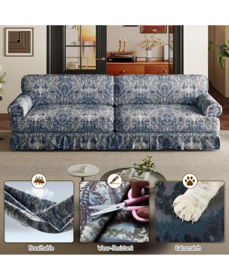 74" 3-Seater Cloud Couch, Oxford Fabric Sofa with Rolled Arms & Skirt, Blue Floral
