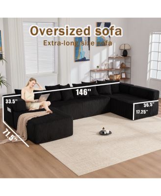 146" U-Shaped Convertible Sleeper Sectional Sofa, 5 Seats, 8 Pillows