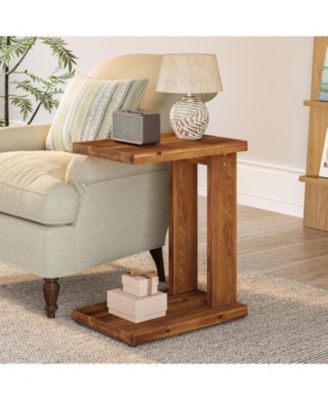 Solid Wood C-Shaped End Table Set of 2, Wooden Side Table for Sofa, 2-Tier Bedside Nightstand for Living Room, Bedroom
