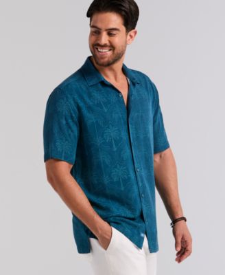 Men's Medallion Palm Print Short-Sleeve Button-Down Shirt