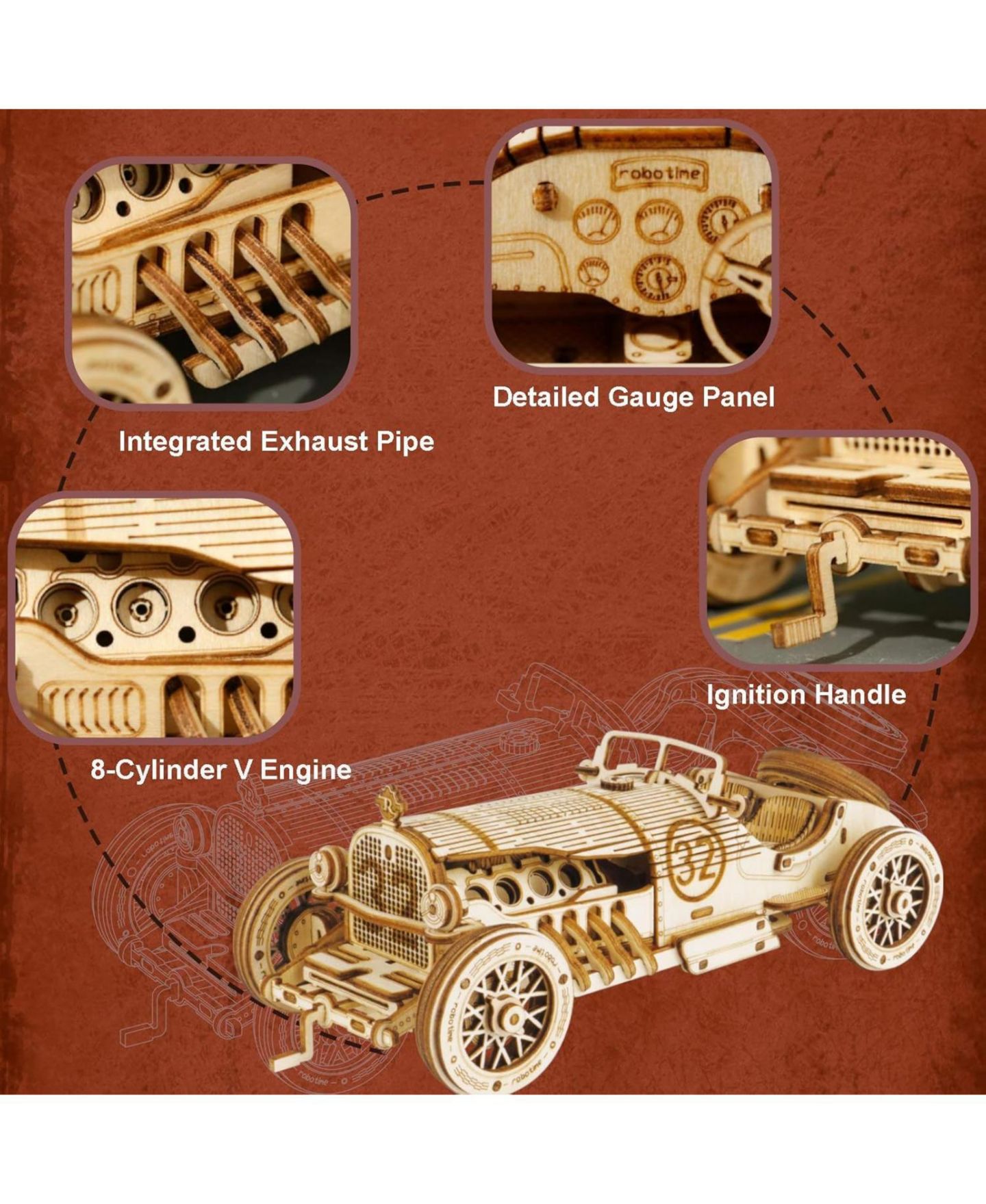 Детские конструкторы Robotime Grand Prix 1:16 Scale 220-Piece Wooden 3D Puzzle, Ages 14 & Up — фото 5