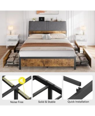Queen Size Bed Frame with Ergonomic Headboard and Charging Station, Upholstered Platform Bed, Metal Industrial Bed Frame with 4 Storage Drawers