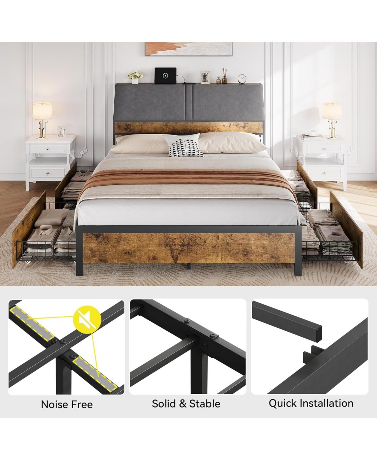 Gaomon Queen Size Bed Frame with Ergonomic Headboard and Charging Station, Upholstered Platform Bed, Metal Industrial Bed Frame with 4 Storage Drawers