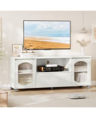Modern TV Stand for 65 Inch TV, TV Cabinet with Fluted Glass Door and Open Shelve, White TV Entertainment Center with Storage
