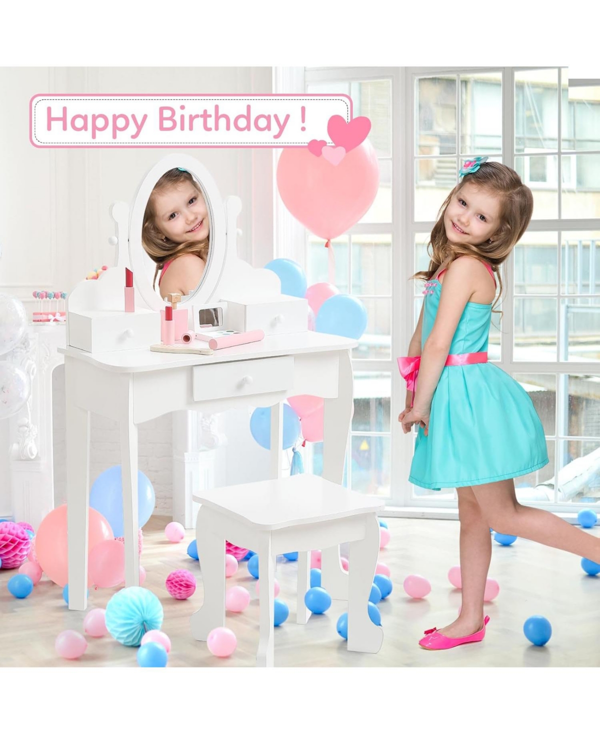 gaomon Kids Vanity Set with Mirror and Stool