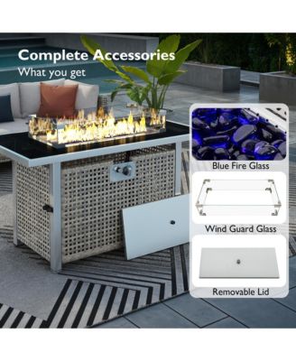 K&K 43 Inch Propane Gas Fire Pit Table 60000 BTU Rectangular Open Weave Wicker with Glass Wind Guard for Outdoor Patio Garden