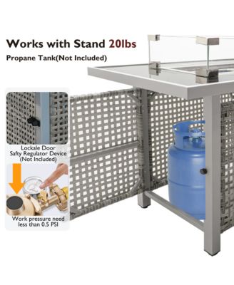 K&K 43 Inch Propane Gas Fire Pit Table 60000 BTU Rectangular Open Weave Wicker with Glass Wind Guard for Outdoor Patio Garden