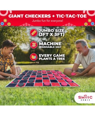 2-in-1 Vintage Giant Checkers & Tic Tac Toe Game W/ Mat - 100% Machine-Washable Canvas With Big Foam Discs - Giant Games