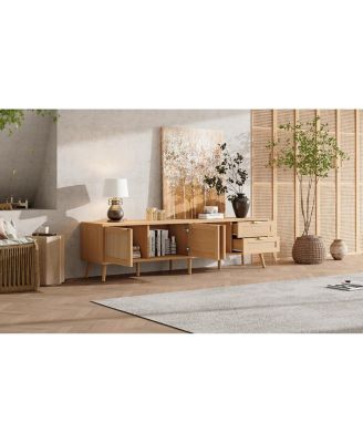 70" Modern TV Stand with Rattan Doors & Storage for Living Room