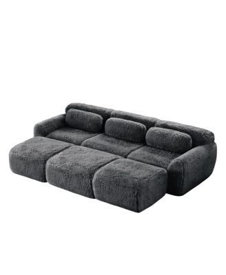 3-Seater Plush Fabric Sofa with Movable Ottoman, No Assembly Required, Dark Gray