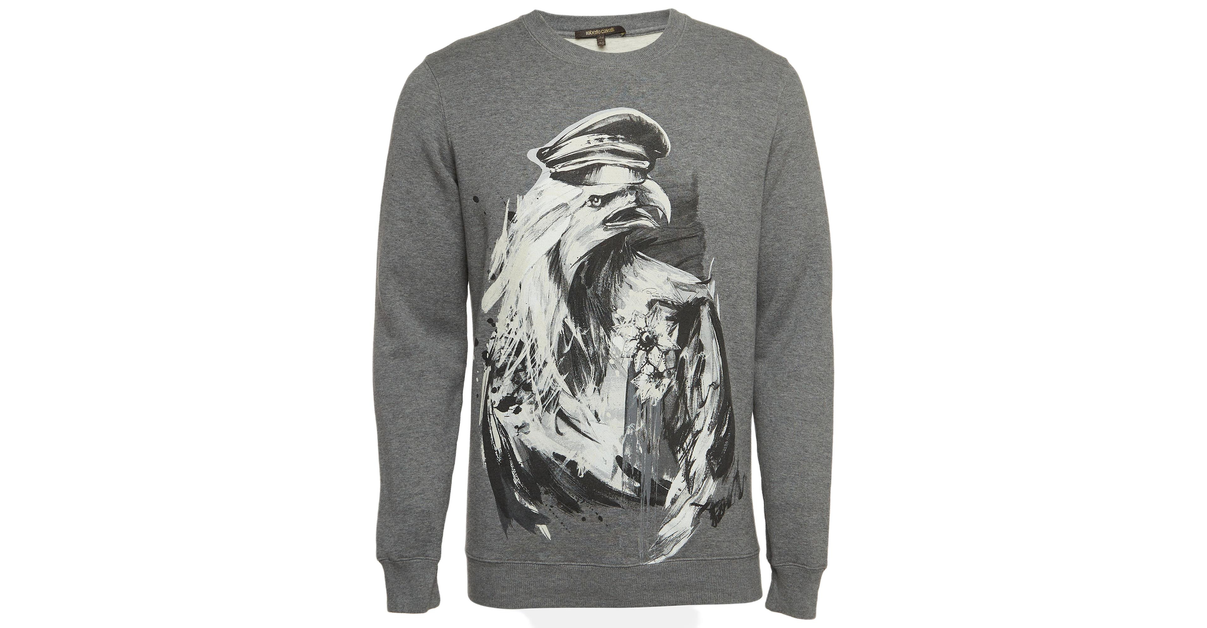 Pre-Owned Roberto Cavalli Men's Grey Eagle Print Cotton Knit Sweatshirt