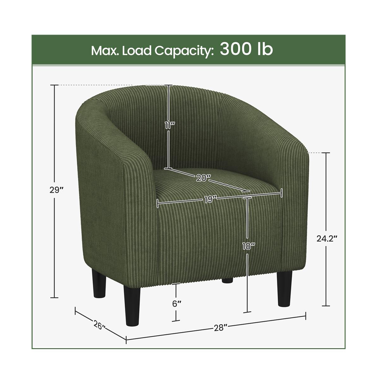 Yaheetech Corduroy Fabric Upholstered Accent Barrel Chair, Dark Green