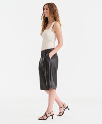 Women's Faux-Leather Pleated Bermuda Shorts