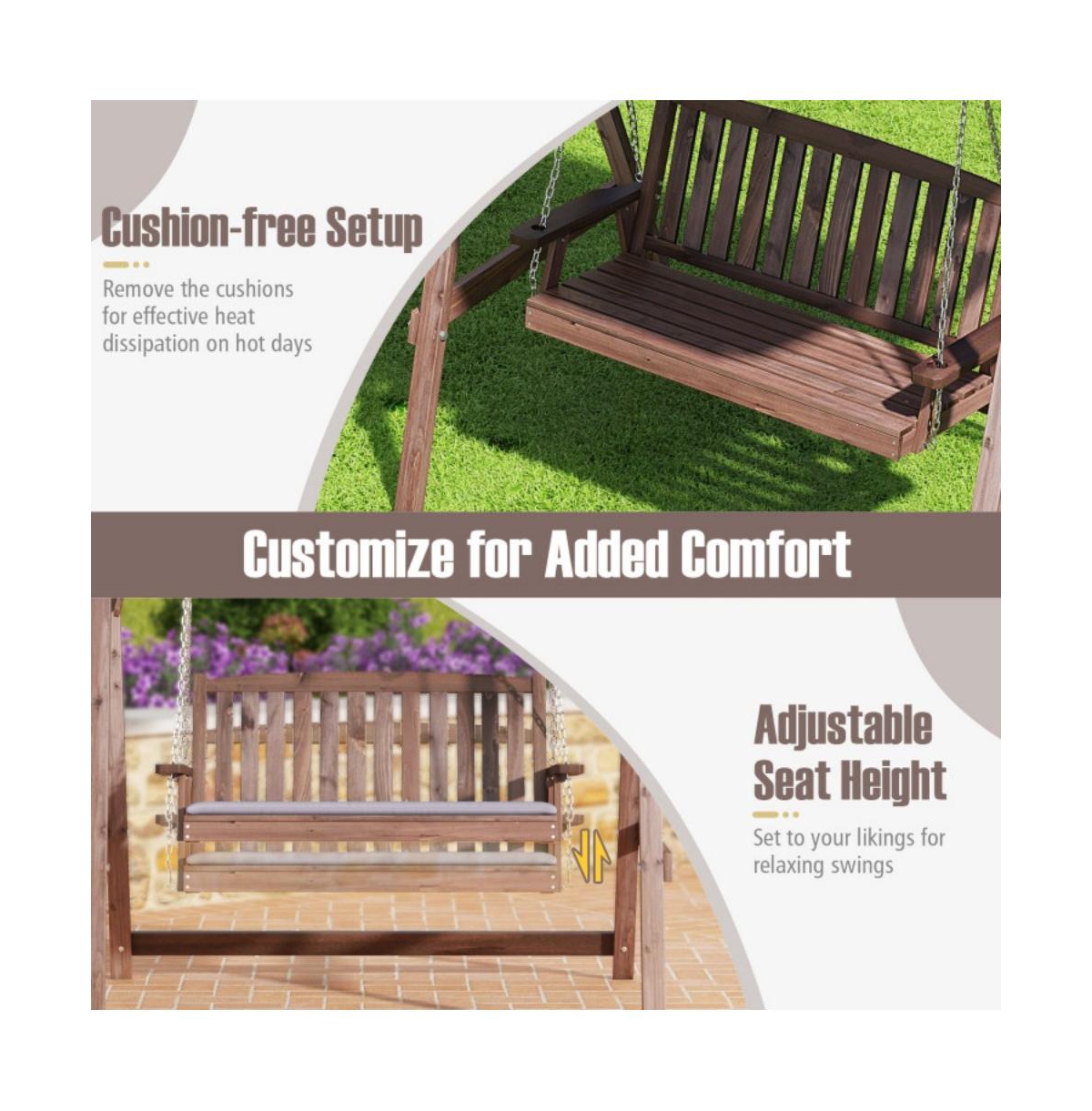 2-Person Porch Swing with Fir Wood Stand and Tilt Canopy