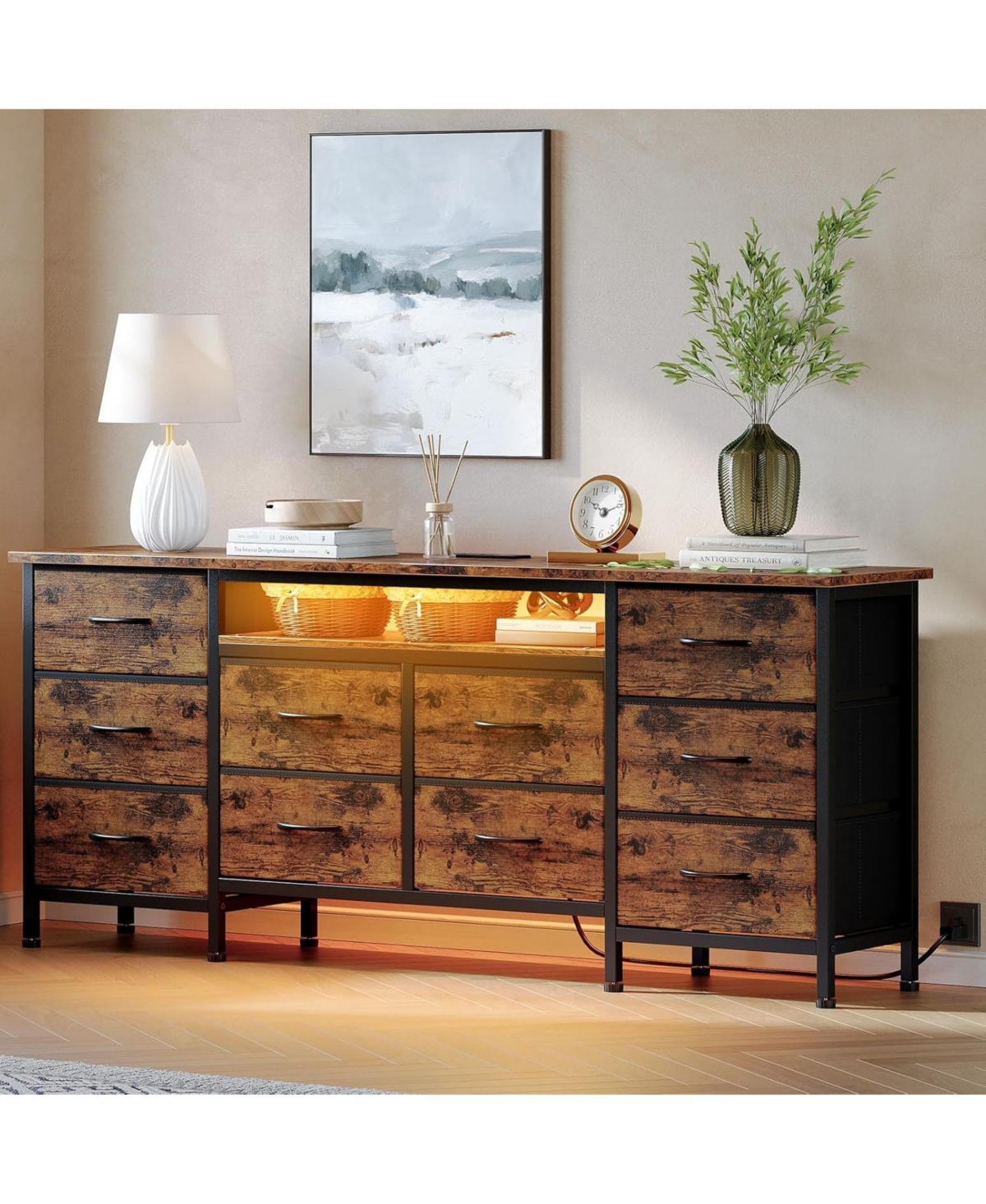 gaomon 63'' Long Dresser for Bedroom with 10 Fabric Drawers, Entertainment Center Tv Stand 65''-75'' Tv, White Power Outlet